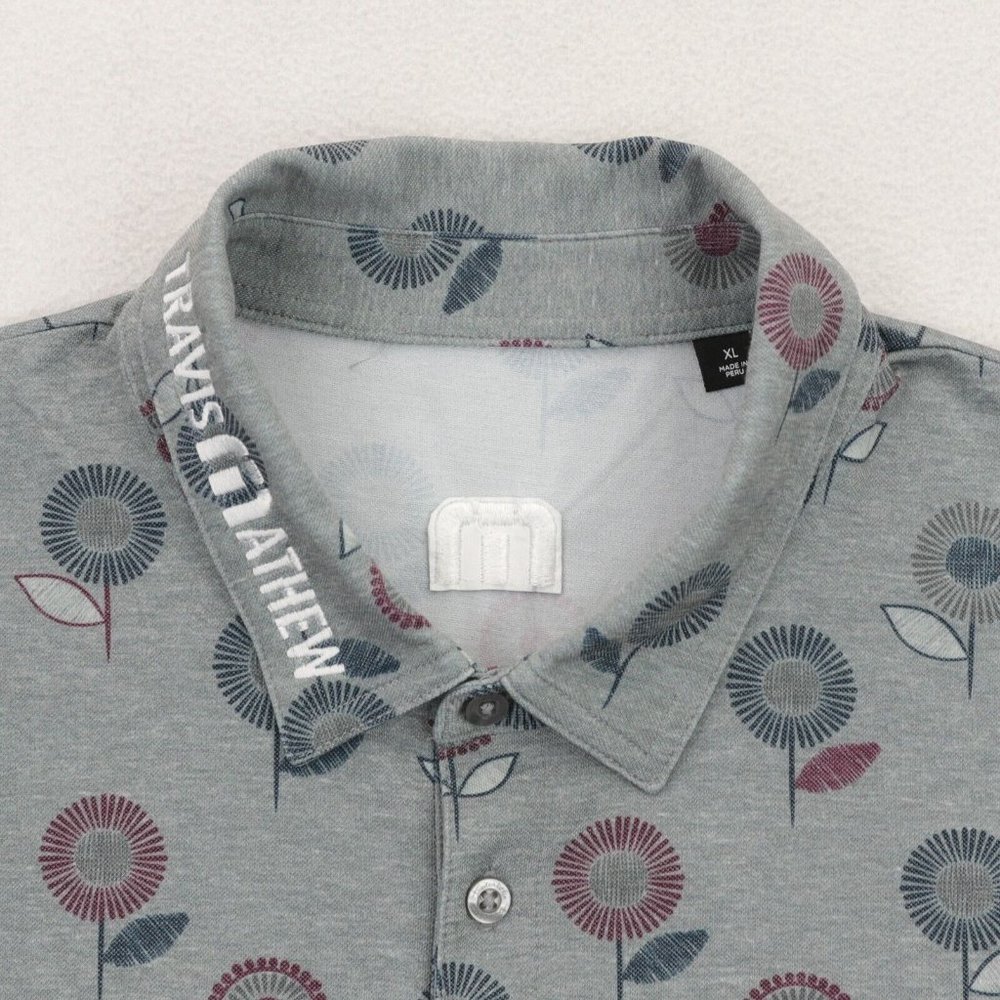 Travis Mathew Golf Polo Shirt Men's XL Gray Purple Blue Floral Pattern Spell Out - Picture 7 of 9